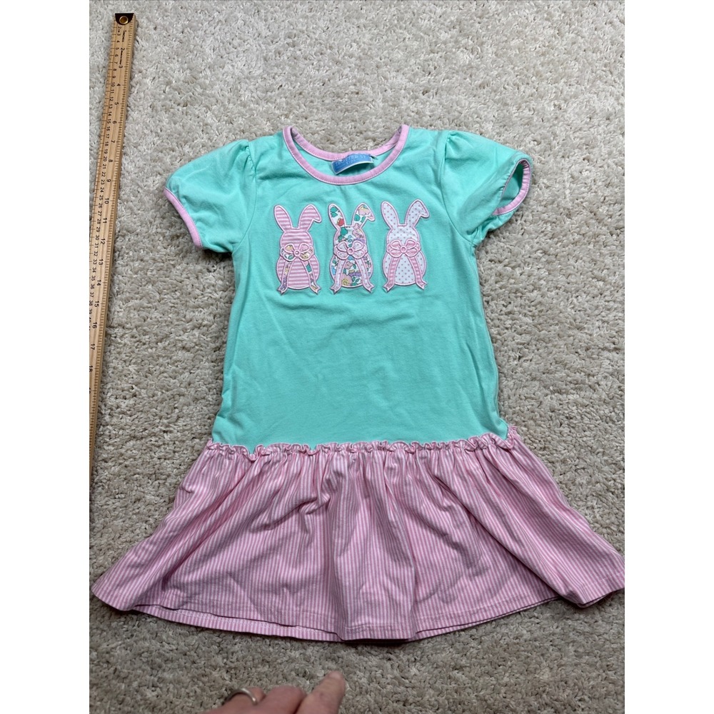 Trotter St Kids Girls Aqua Pink Bunny Ruffle Hem Dress Size 5 Easter‎ Spring